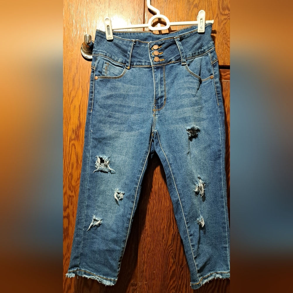 Blue Republic Capri Distressed Ripped Blue Denim